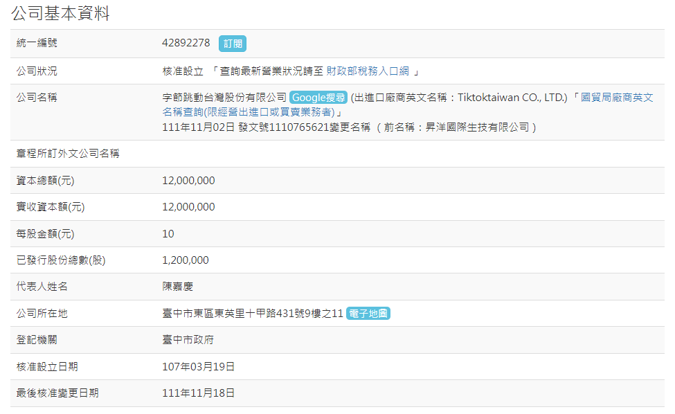 公司登記查詢資料：公司名稱變更